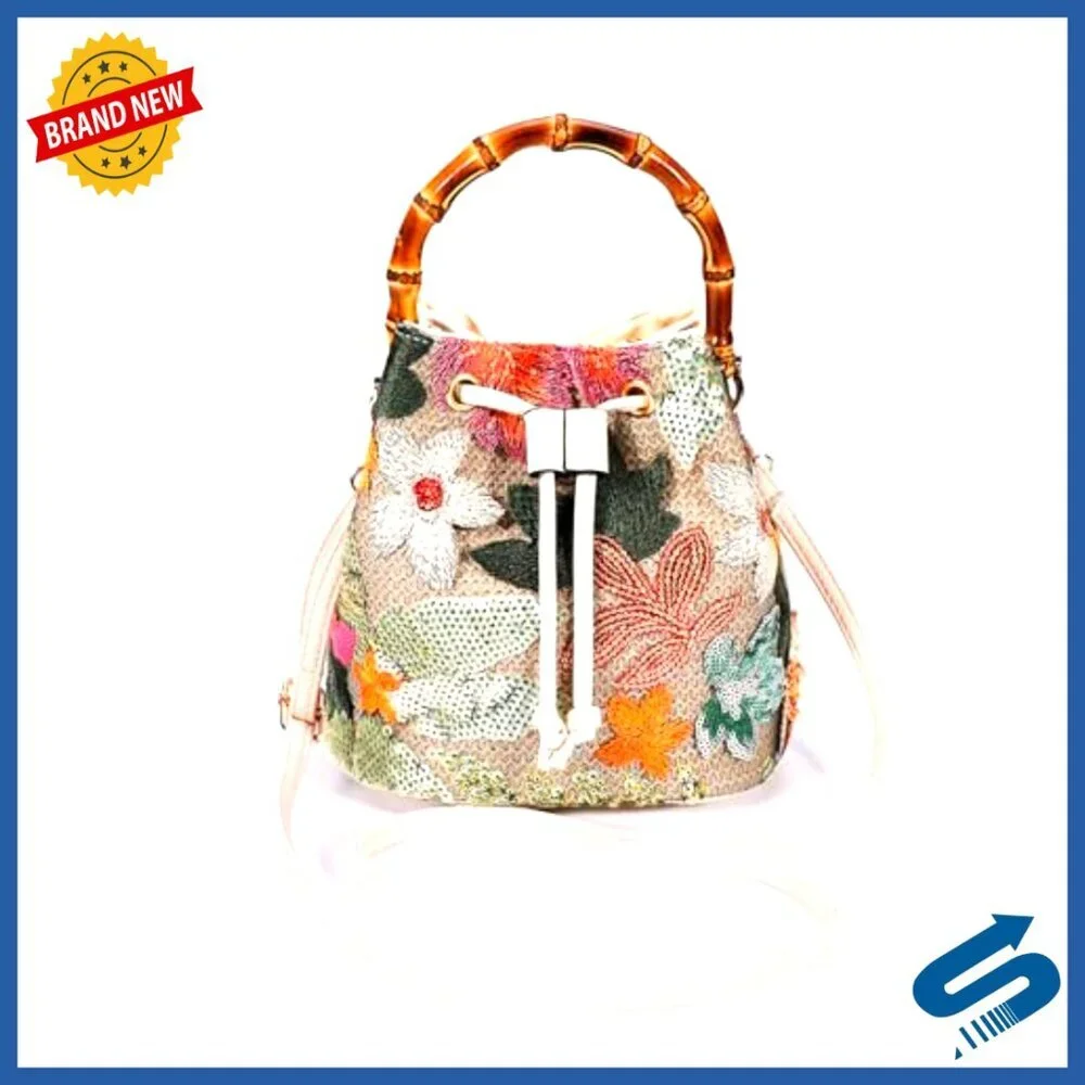 Hand Embroidered Straw Tote Bag Bohemian Beach Crossbody with Bamboo Handle